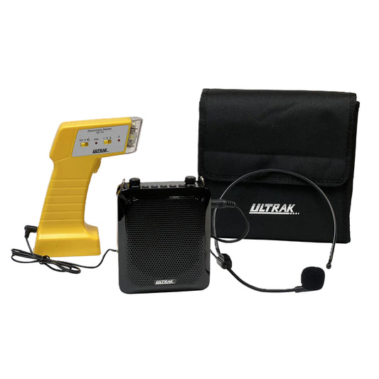 The Ultrak Yellow Electronic Starting Wand displayed alongside its portable PA amplifier, headset microphone, and protective carrying case.