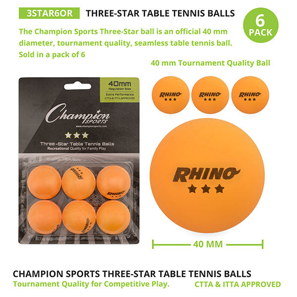 Orange Rhino 3 Star Table Tennis Balls (Pack of 6)