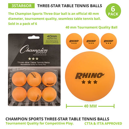 Orange Rhino 3 Star Table Tennis Balls (Pack of 6)