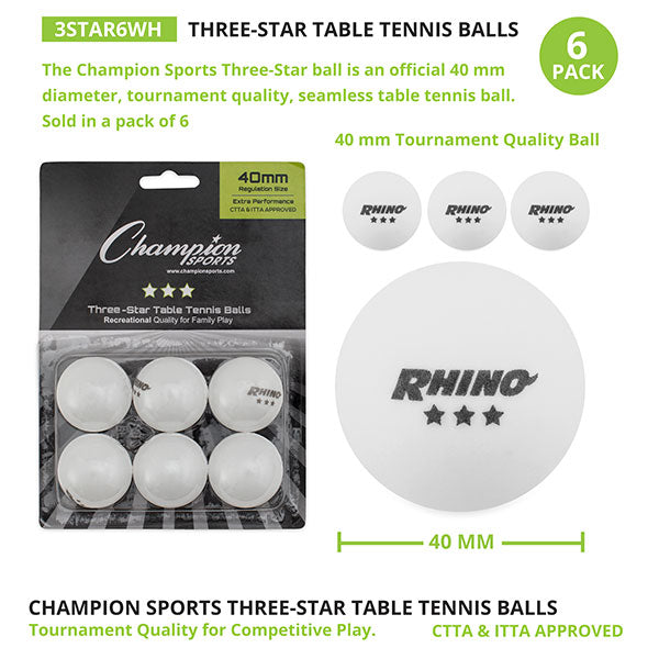 White Rhino 3 Star Table Tennis Balls (Pack of 6)