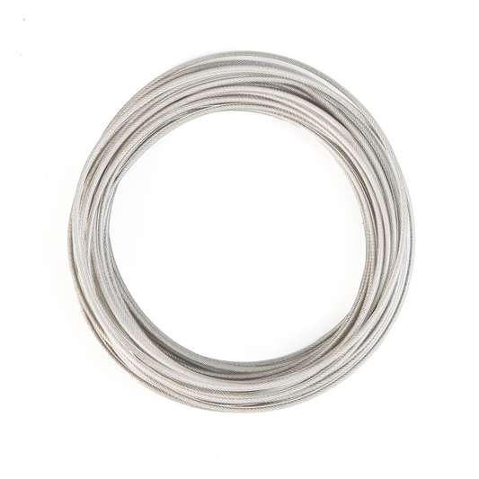 A roll of stainless steel vinyl coated wire.  Use for stringing competitor backstroke flags