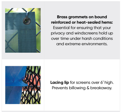 Text about brass grommets and lacing lip on privacy screens with images of screen materials.