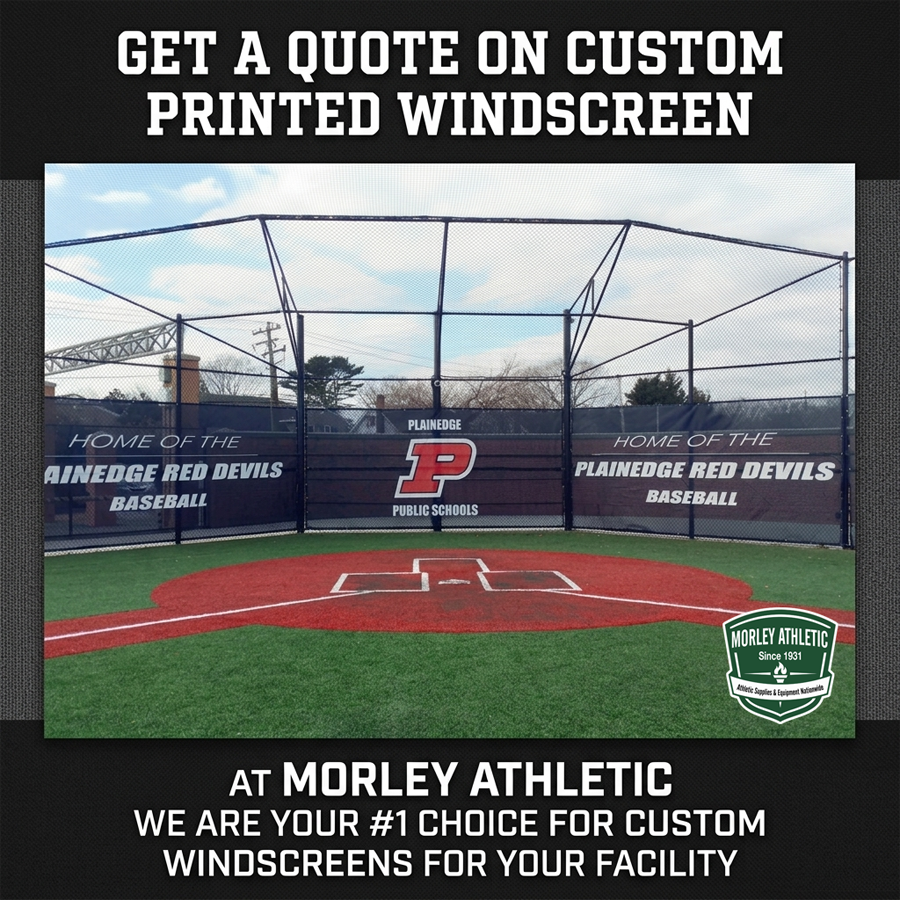 Baseball field with custom printed windscreens featuring 'Plainedge Red Devils' and Morley Athletic branding.