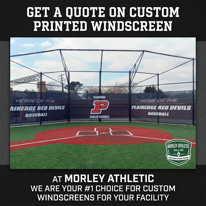 Baseball field with custom printed windscreens featuring 'Plainedge Red Devils' and Morley Athletic branding.