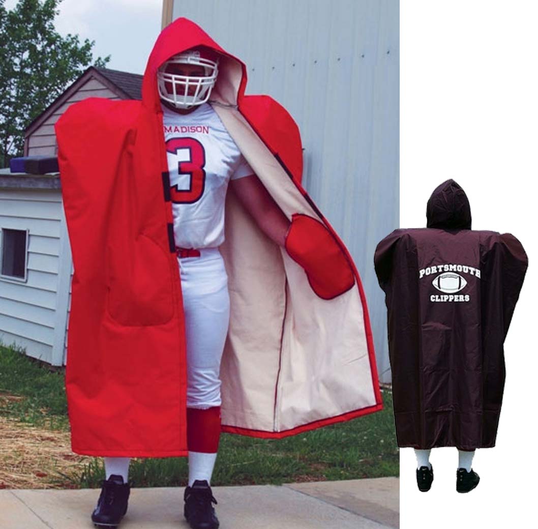 Unlined black Fisher Football Sideline Cape featuring velcro closure for adult and junior players
