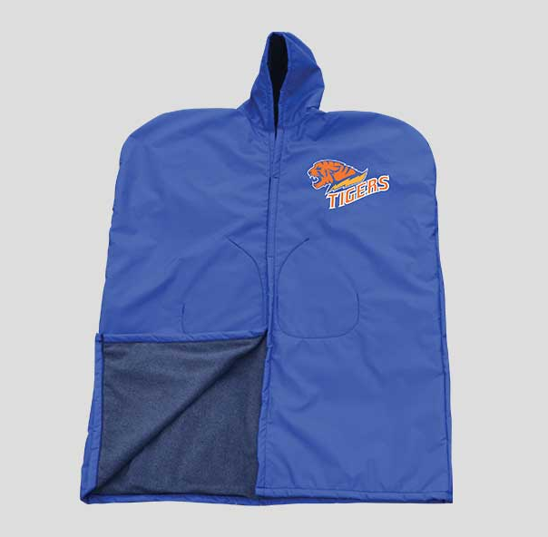 Fisher fleece lined football sideline cape printed on left front chest, cape color royal blue, front corner turned up to show fleece lining.