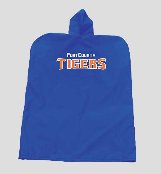Fisher fleece lined football sideline cape printed on back with " port county tigers", cape color royal blue.