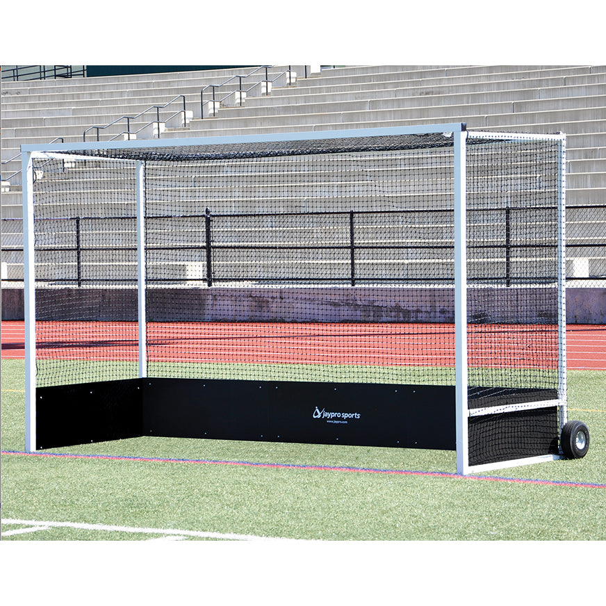 Jaypro Official Field Hockey Goal Package pair featuring powder-coated aluminum frames, black HDPE bottom boards, and standard nets.