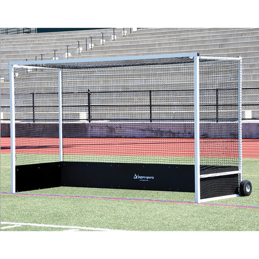 Jaypro Official Field Hockey Goal Package pair featuring powder-coated aluminum frames, black HDPE bottom boards, and standard nets.
