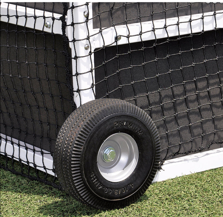 Close-up of the included field hockey goal wheel kit attached to the heavy-duty aluminum goal frame for easy transport.