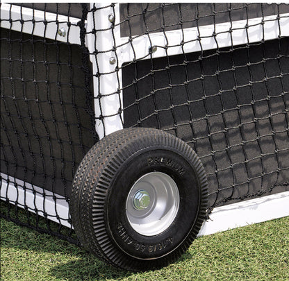 Close-up of the included field hockey goal wheel kit attached to the heavy-duty aluminum goal frame for easy transport.