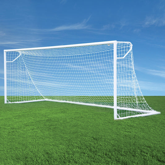 Jaypro Nova Club Round Soccer Goals pair featuring a white powder-coated 3-inch aluminum frame and European backstays on an athletic field.
