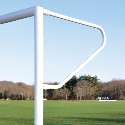 Official size soccer goals with 4-inch square white mesh nets fully assembled for high school play.