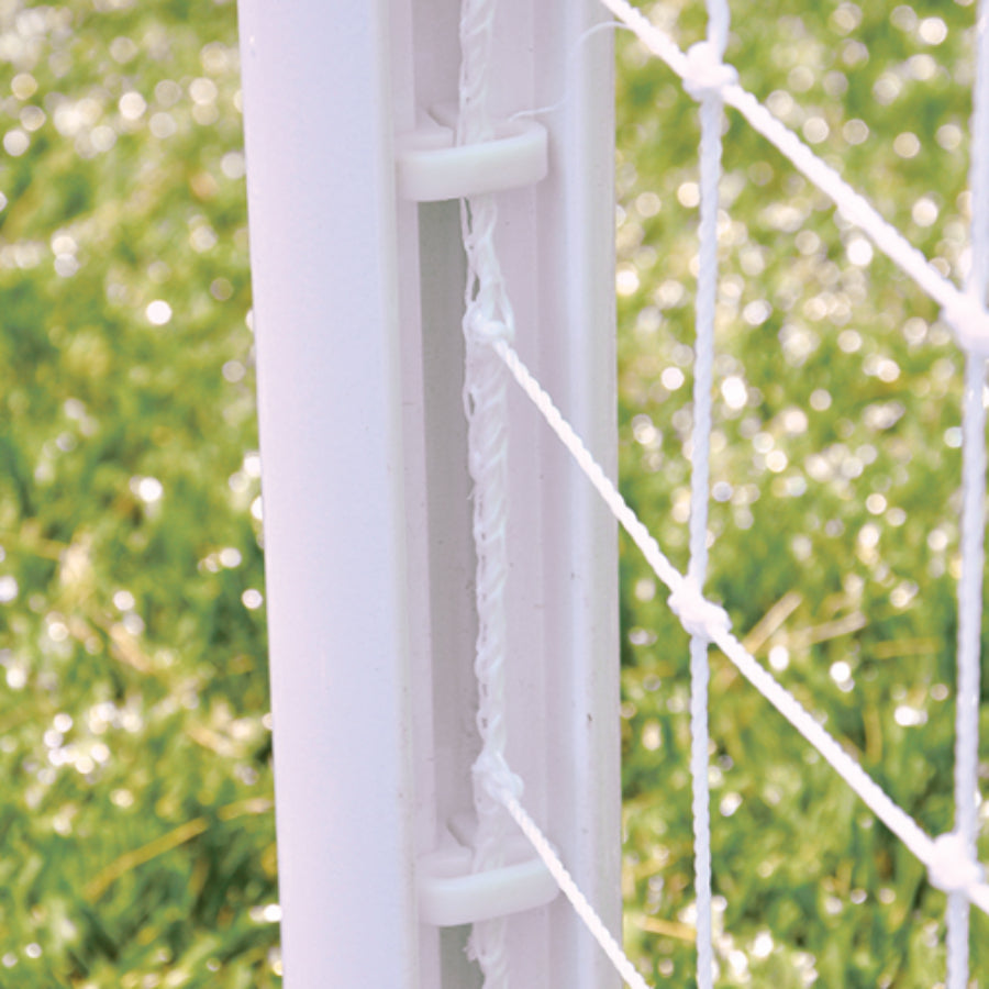 Close up of the Easy Track net attachment system on the Jaypro Nova Club aluminum soccer goals.