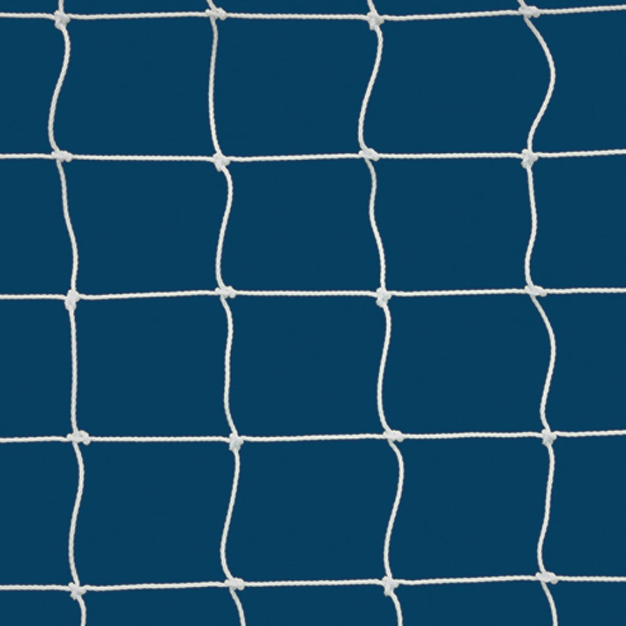 Official size soccer goals with 4-inch square white mesh nets fully assembled for high school play.