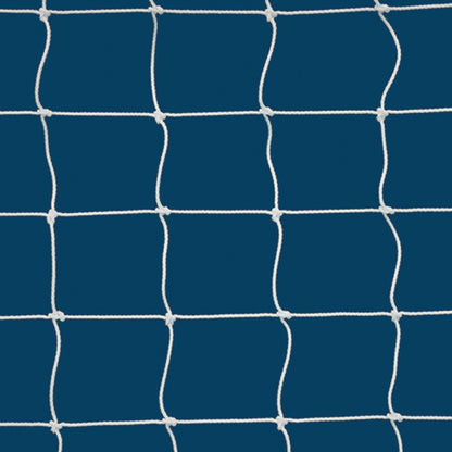 Official size soccer goals with 4-inch square white mesh nets fully assembled for high school play.