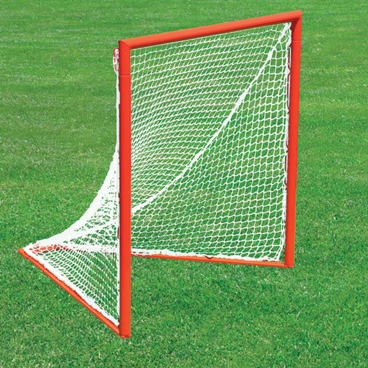 Pictured on the field Jaypro LG-44BPKG official size 4x4 box lacrosse goal package featuring a 2-inch zinc-coated orange steel frame and 4mm knotless net.