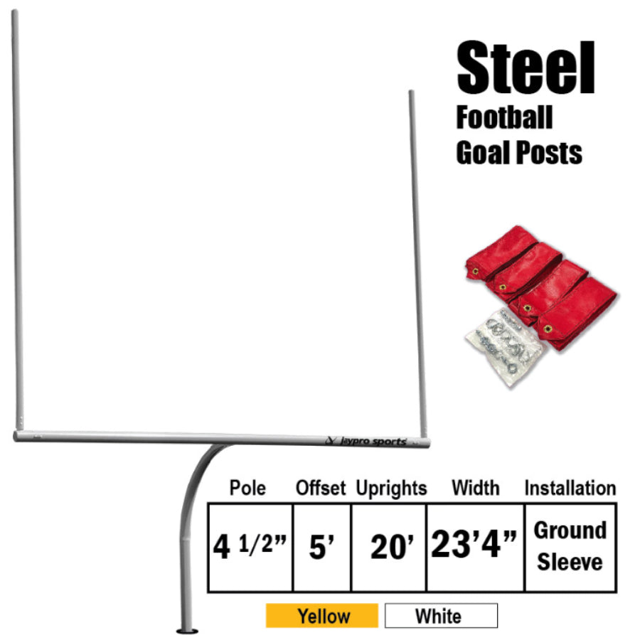 Jaypro Official High School Goal Post (Pair) - 5' Offset - Steel football goal posts with red ground stakes on a white background