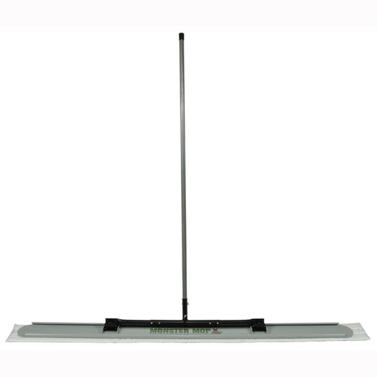 Kennedy Industries Monster Mop Set featuring a 72-inch aluminum base, fiberglass handle, and thick microfiber pads for cleaning gym floors.