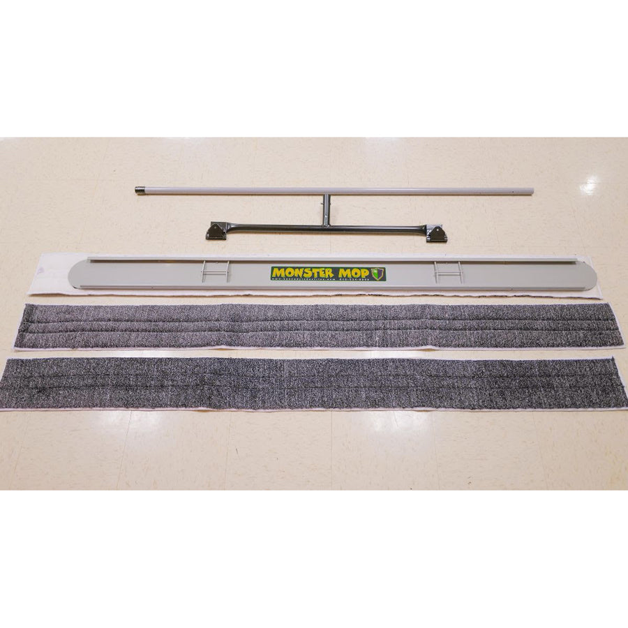 Close-up of the Kennedy Industries Monster Mop showing the stabilizer brace and washable microfiber pads for wrestling mats and basketball courts.