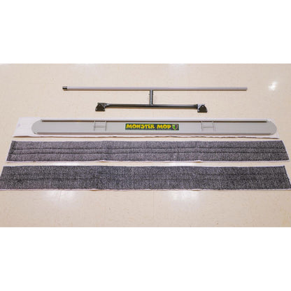 Close-up of the Kennedy Industries Monster Mop showing the stabilizer brace and washable microfiber pads for wrestling mats and basketball courts.
