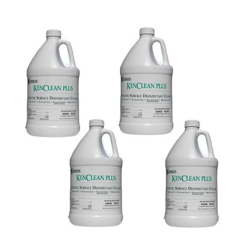 A 4-gallon case of Kennedy KenClean Plus athletic surface disinfectant cleaner and wrestling mat cleaner.
