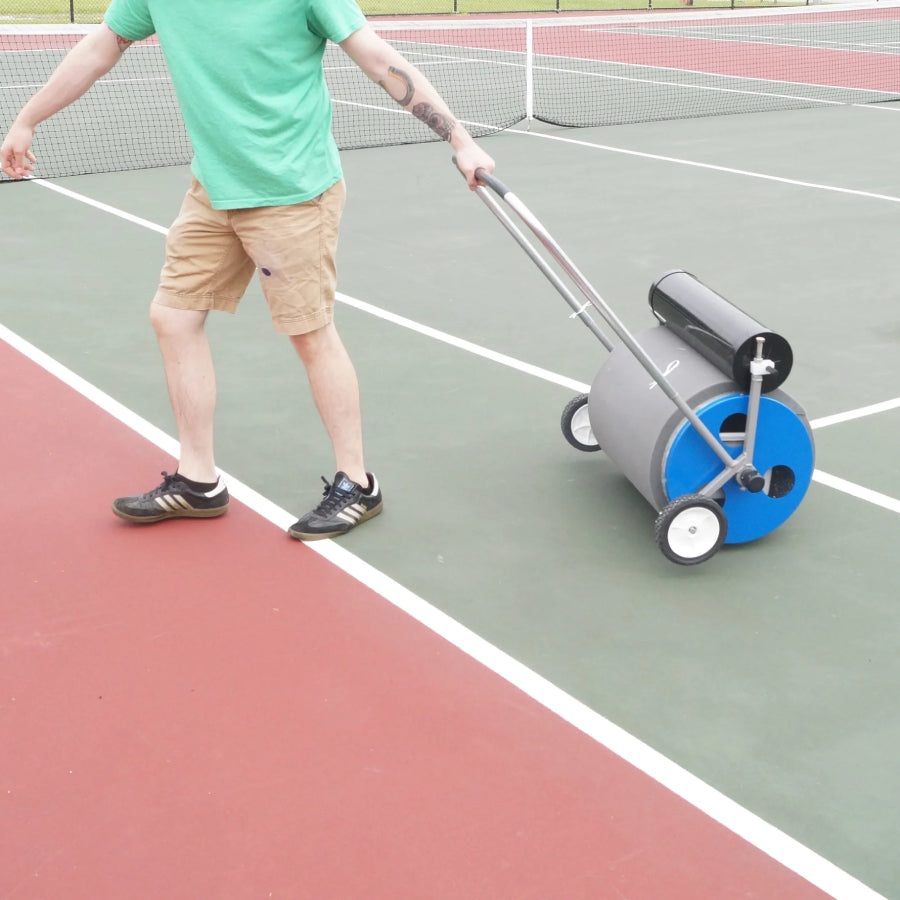 Mackerel Super Sopper baseball field water remover showing the 24-inch wide absorbent foam drum and push handle.