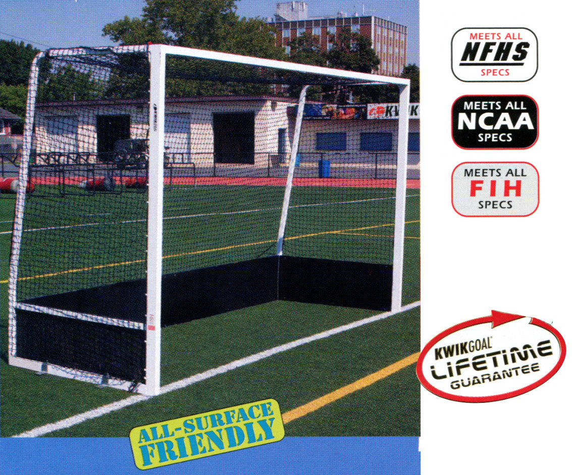 Kwik Goal 2F501 Official Field Hockey Goal featuring a white powder-coated aluminum frame, black bottom boards, and Kwik Lock net system.