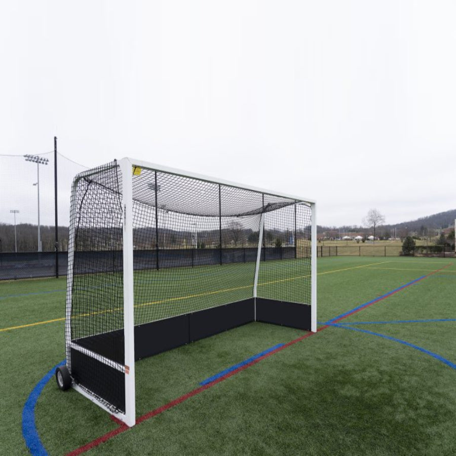 Rear angle of the all-aluminum regulation field hockey goal highlighting the three 18-inch high bottom boards.