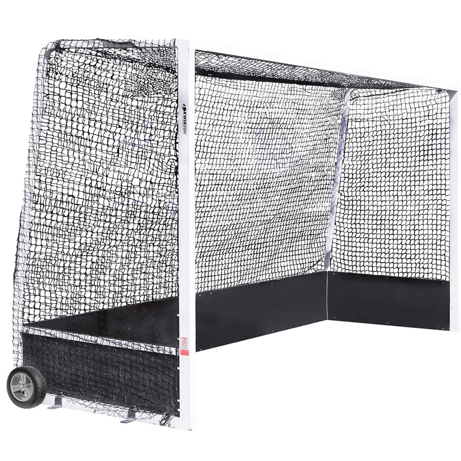 Profile view of the Kwik Goal 2F501 portable field hockey goal showing the wheel attachments and heavy-duty 2.5mm black net.