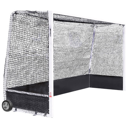 Profile view of the Kwik Goal 2F501 portable field hockey goal showing the wheel attachments and heavy-duty 2.5mm black net.