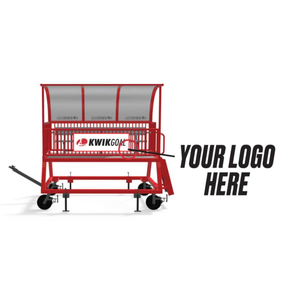 Info about adding a logo to the Kwik Goal 9B6501 portable scorer's tower featuring a custom colored aluminum and steel frame with a UV-resistant polycarbonate roof.  Also great for coaching and filming.