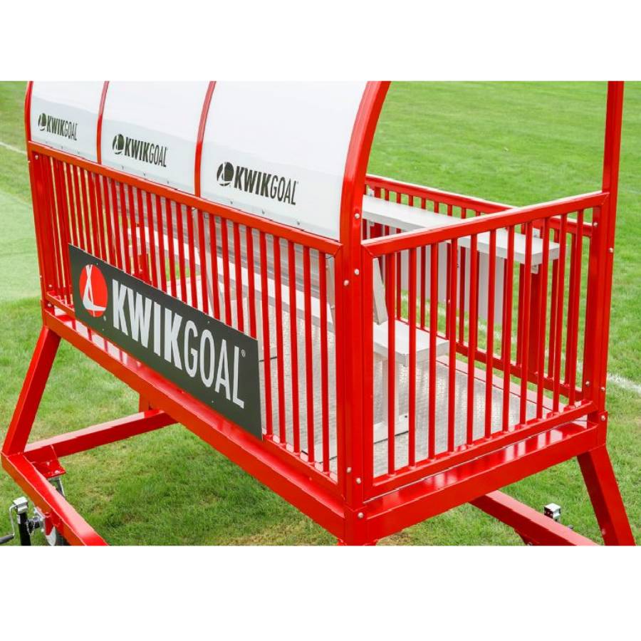 Close up of the Kwik Goal 9B6501 portable scorer's tower featuring a custom colored aluminum and steel frame with a UV-resistant polycarbonate roof.  Also great for coaching and filming.