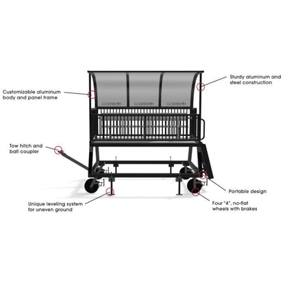 Image with features text for the Kwik Goal 9B6501 portable scorer's tower featuring a custom colored aluminum and steel frame with a UV-resistant polycarbonate roof.  Also great for coaching and filming.