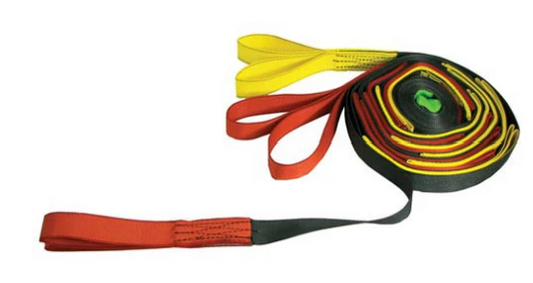 Powerpull web strap tug of war rope showing the durable webbing design and permanently secured center marker.