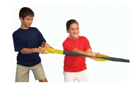 Powerpull tug of war rope showing the durable webbing design and handles with users holding the rope.