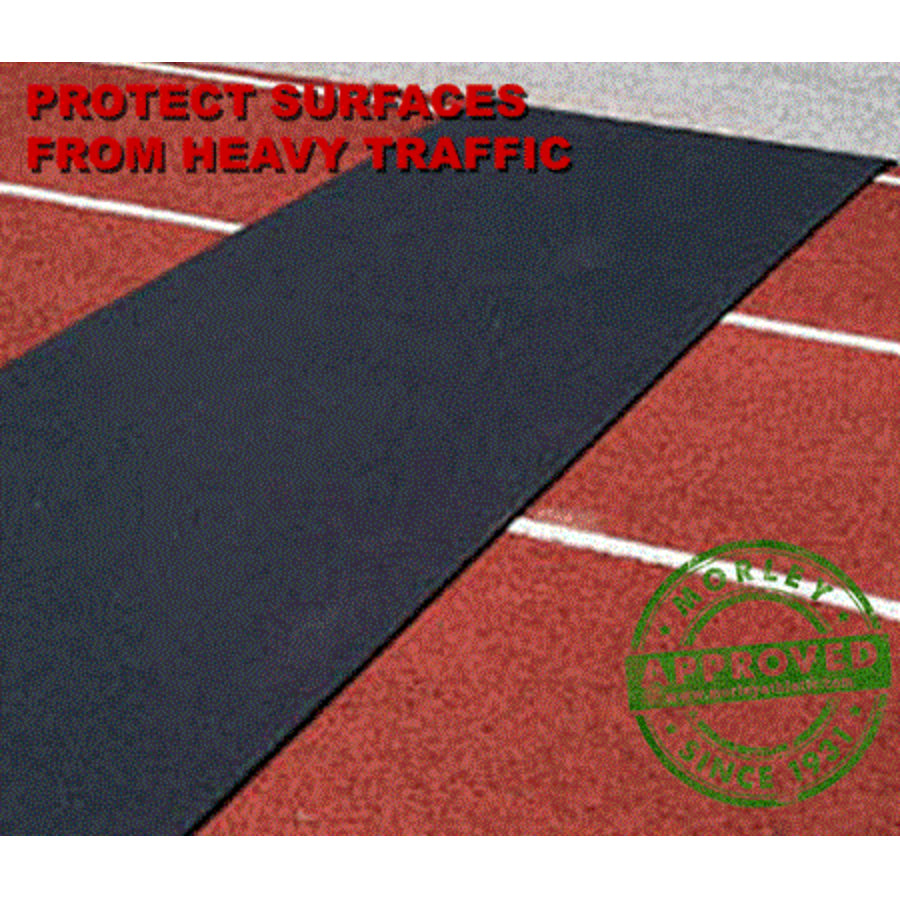Portable roll-out track runway surface laid out on a practice field, providing a durable and protective rubber lane for triple jump and track events.  Being used as a safe surface to walk across a track.
