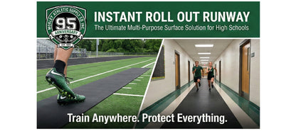 Advertisement for 'Instant Roll Out Runway' with a sports field and hallway images.
