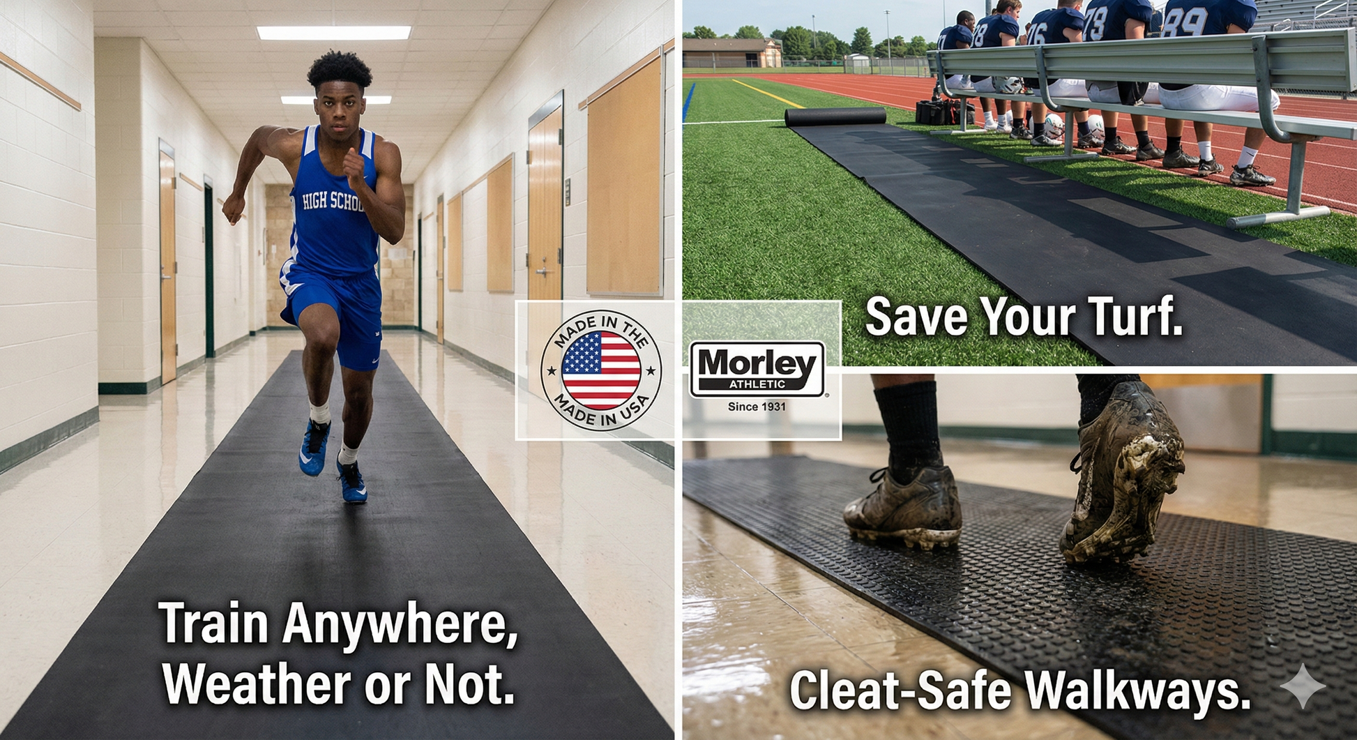 Two images showing a person running on a mat in a hallway and a sports field with people on a bench, featuring Morley products. Portable roll-out track runway surface laid out on a practice field, providing a durable and protective rubber lane for triple jump and track events.