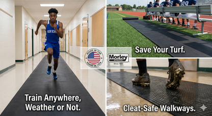 Two images showing a person running on a mat in a hallway and a sports field with people on a bench, featuring Morley products. Portable roll-out track runway surface laid out on a practice field, providing a durable and protective rubber lane for triple jump and track events.
