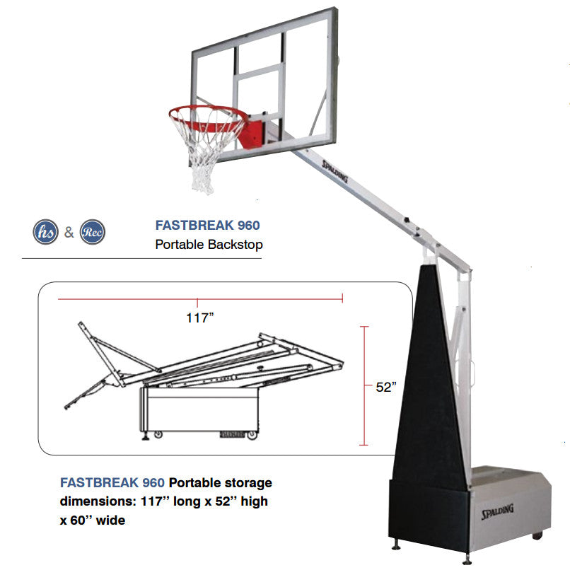 Spalding Fastbreak 960 Portable Backstop showing the 60-inch acrylic backboard, black base padding, and Pro Image breakaway goal.