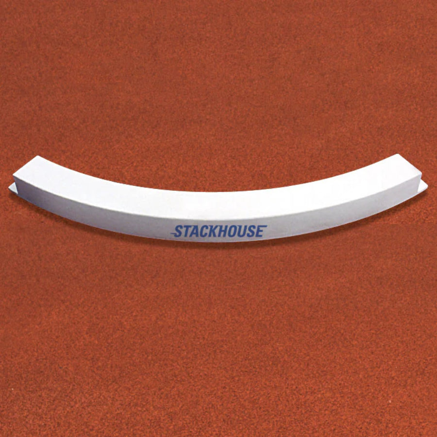 White Cast Aluminum Toe Board for level pad shot put throwing circles, showing the curved design and heavy-duty construction.