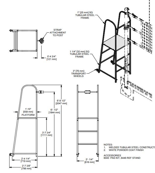 Universal Volleyball Referee Stand & Optional Padding | Freestanding - Technical drawing of a metal stand with dimensions and details