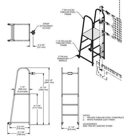 Universal Volleyball Referee Stand & Optional Padding | Freestanding - Technical drawing of a metal stand with dimensions and details