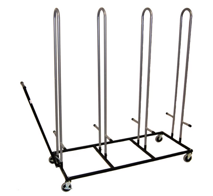 Close-up of the rolling shoulder pad rack showing the retractable pull handle, steel uprights, and large locking wheels for easy football gear transport.
