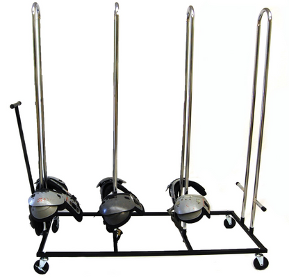 Pro Deluxe Football Shoulder Pad Rack featuring a heavy-duty steel frame, holding stacked shoulder pads for locker room pad storage.